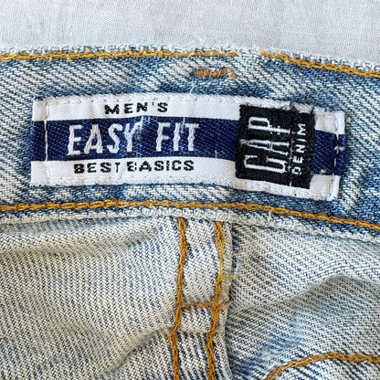 Close-up of a Gap denim label on a denim fabric background