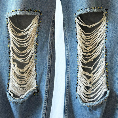 Cropped, Distressed, and Beaded Bugle Boy Jeans