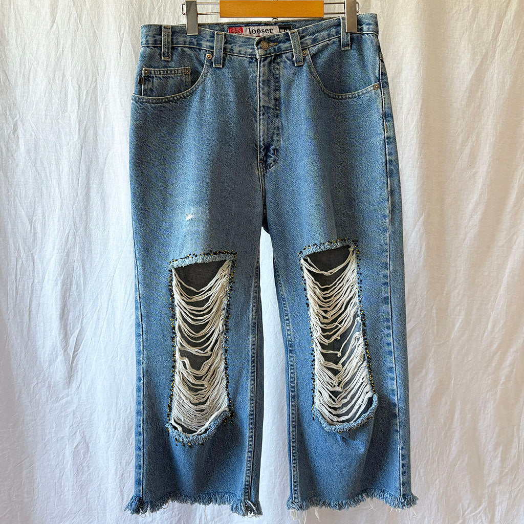 Cropped, Distressed, and Beaded Bugle Boy Jeans