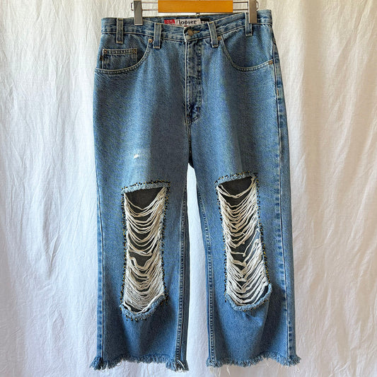 Cropped, Distressed, and Beaded Bugle Boy Jeans