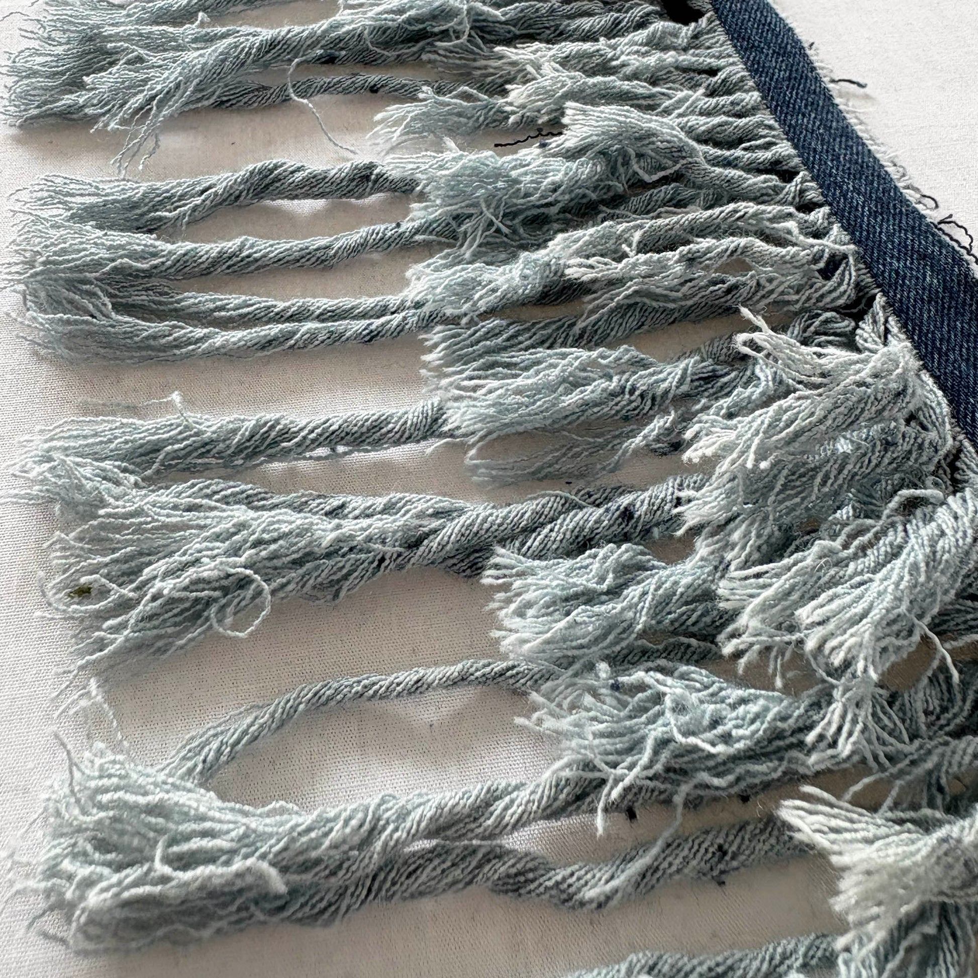 close up of 3 layers of denim fringe