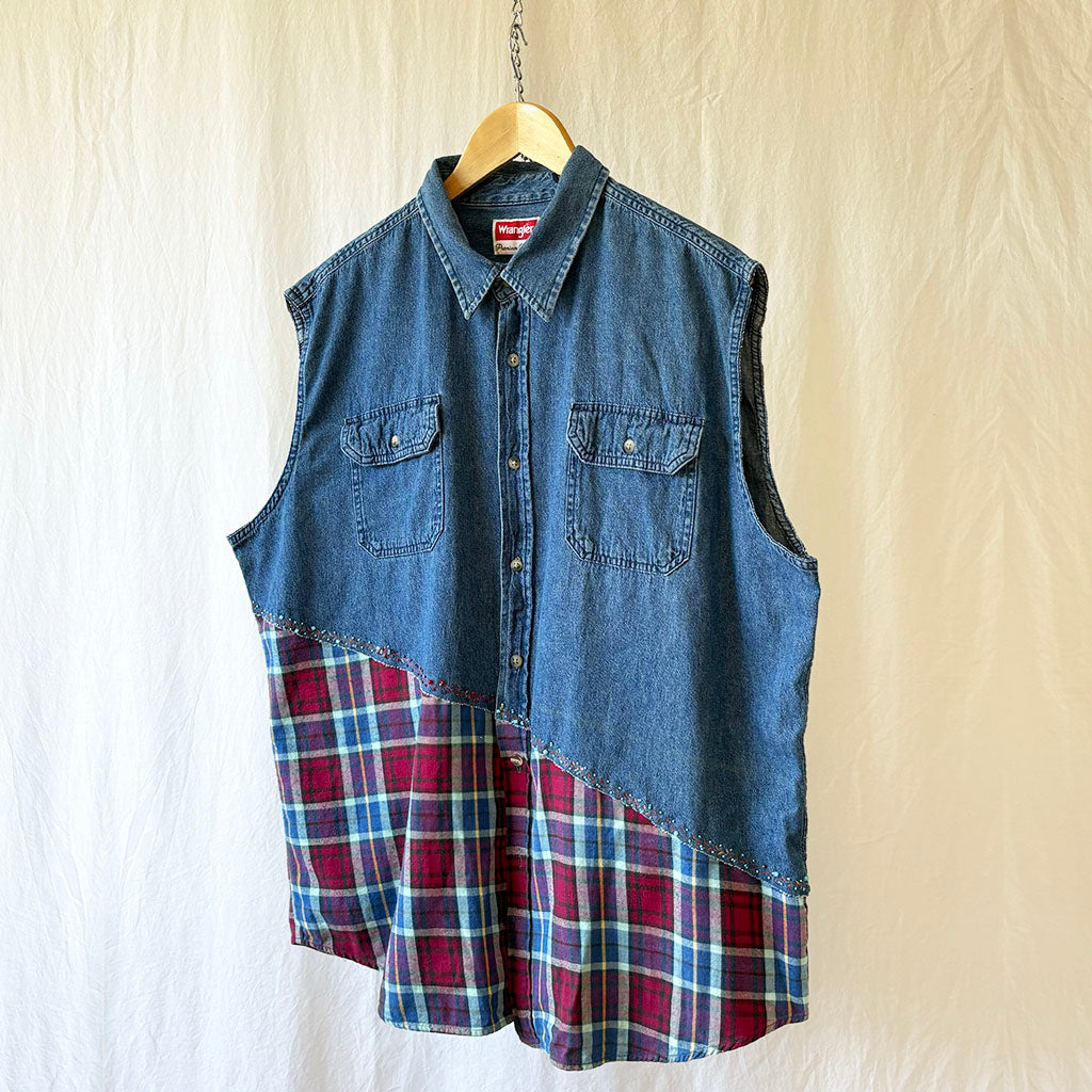 Sleeveless Denim and Flannel Frankenstien Shirt