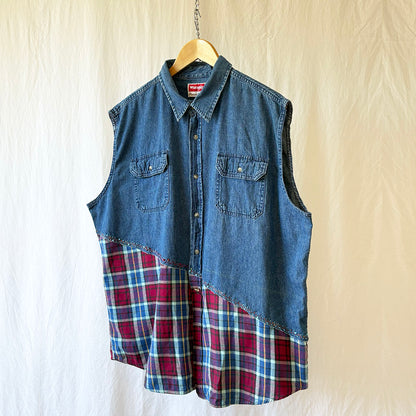 Sleeveless Denim and Flannel Frankenstien Shirt