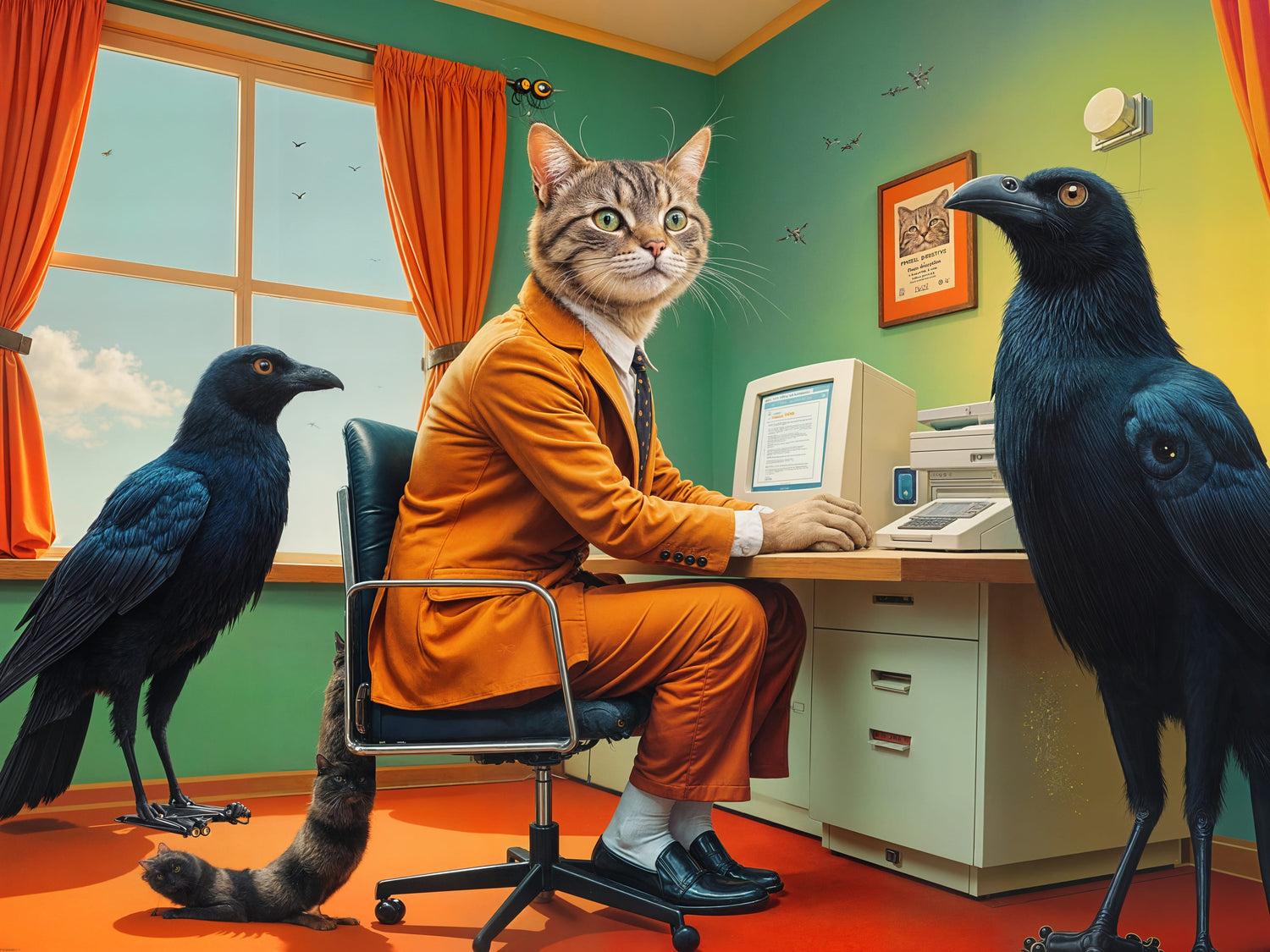 Cat in an orange suit sitting at a desk with two crows, in a room with green walls and orange curtains.