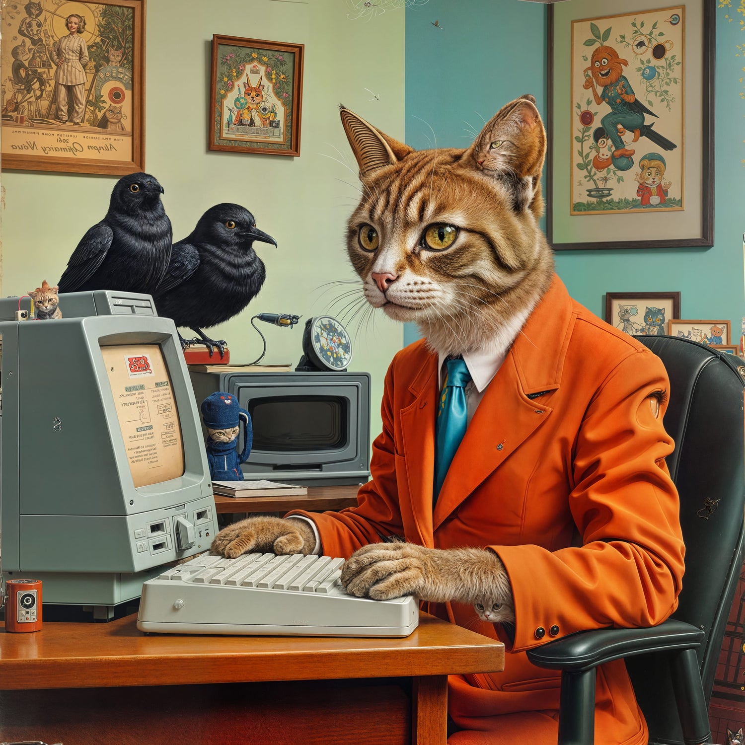 Cat in an orange suit at a desk with birds and vintage computer equipment.