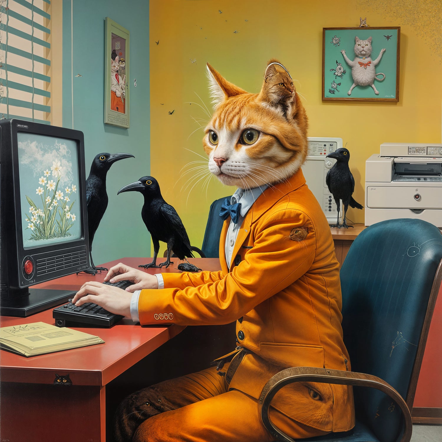 Cat in a suit sitting at a desk with a computer, surrounded by birds and office items.