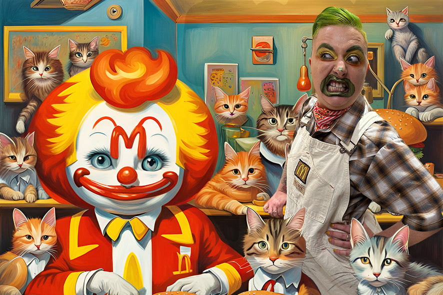 Clown with McDonald's uniform surrounded by cats in a fast-food setting