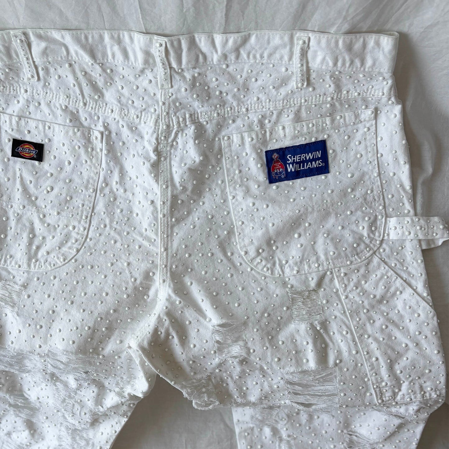 White Denim Work Pants with Stoning and Distressing