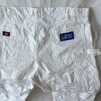 White Denim Work Pants with Stoning and Distressing
