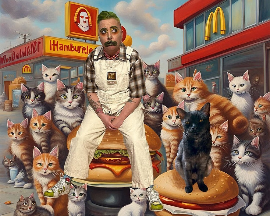 Man in a McDonald's uniform surrounded by cats on burgers with fast food restaurants in the background